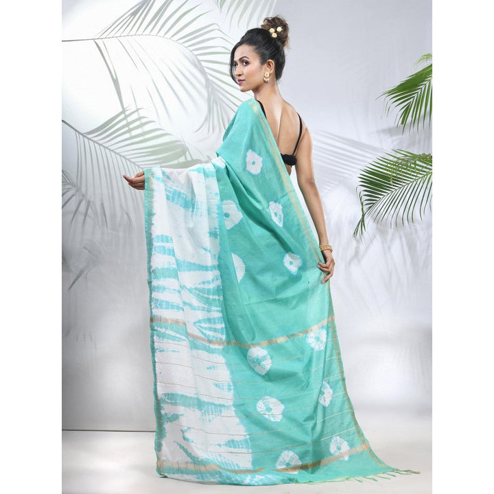 CHARUKRITI Sea Green and White Shibori Printed Silk Saree with Unstitched Blouse