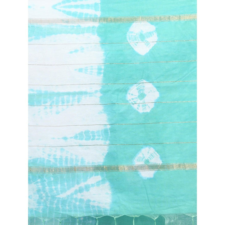 CHARUKRITI Sea Green and White Shibori Printed Silk Saree with Unstitched Blouse