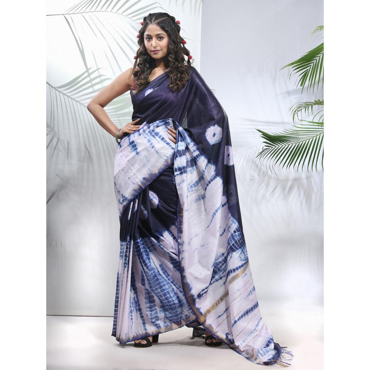 CHARUKRITI Navy Blue and White Shibori Printed Silk Saree with Unstitched Blouse