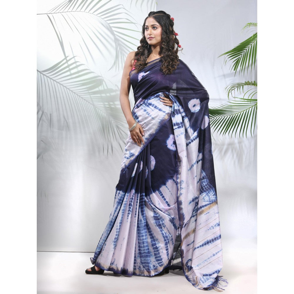 CHARUKRITI Navy Blue and White Shibori Printed Silk Saree with Unstitched Blouse