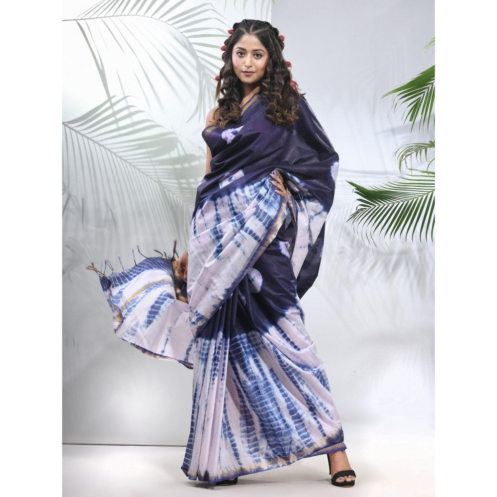 CHARUKRITI Navy Blue and White Shibori Printed Silk Saree with Unstitched Blouse