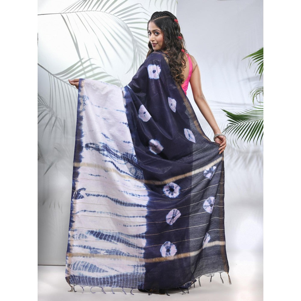 CHARUKRITI Navy Blue and White Shibori Printed Silk Saree with Unstitched Blouse