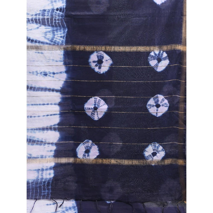 CHARUKRITI Navy Blue and White Shibori Printed Silk Saree with Unstitched Blouse