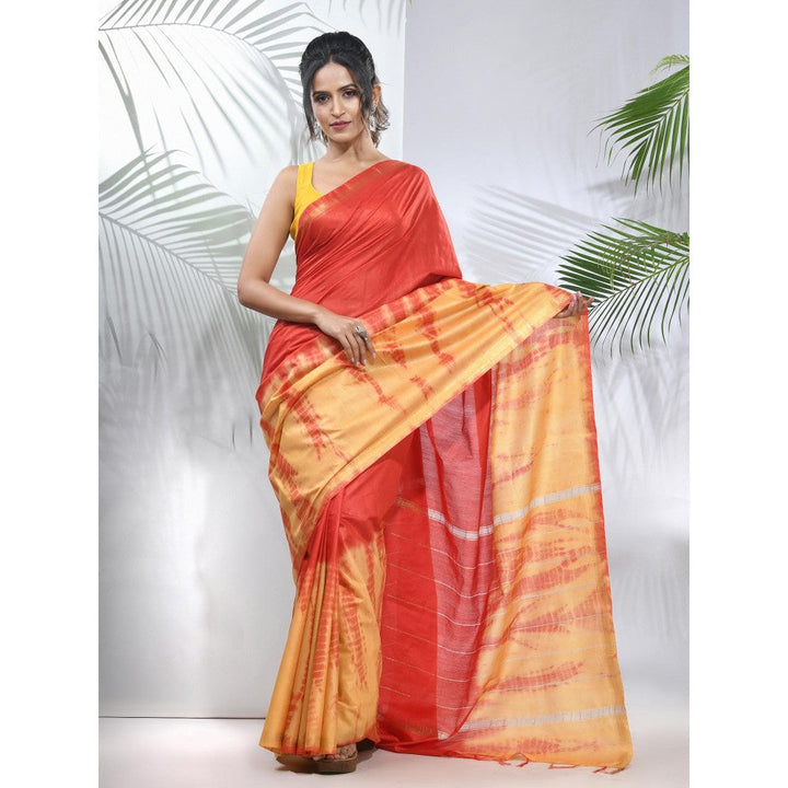 CHARUKRITI Yellow and Red Shibori Printed Silk Saree with Unstitched Blouse