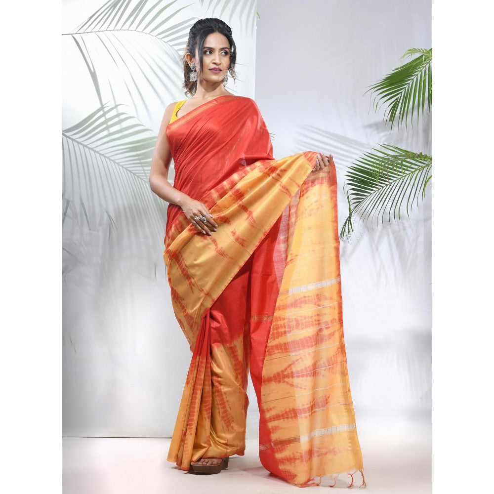 CHARUKRITI Yellow and Red Shibori Printed Silk Saree with Unstitched Blouse