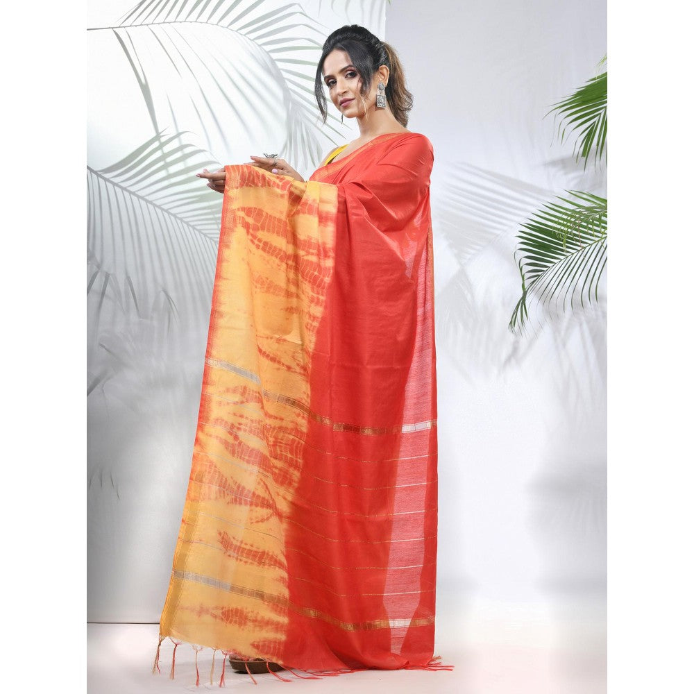 CHARUKRITI Yellow and Red Shibori Printed Silk Saree with Unstitched Blouse