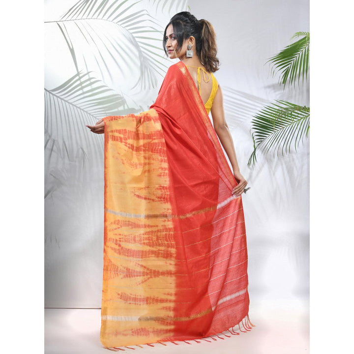 CHARUKRITI Yellow and Red Shibori Printed Silk Saree with Unstitched Blouse