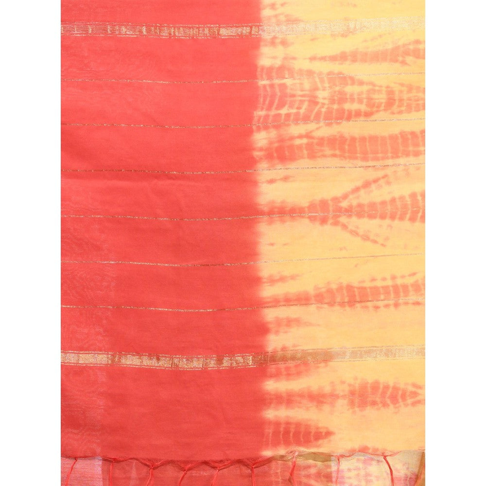 CHARUKRITI Yellow and Red Shibori Printed Silk Saree with Unstitched Blouse