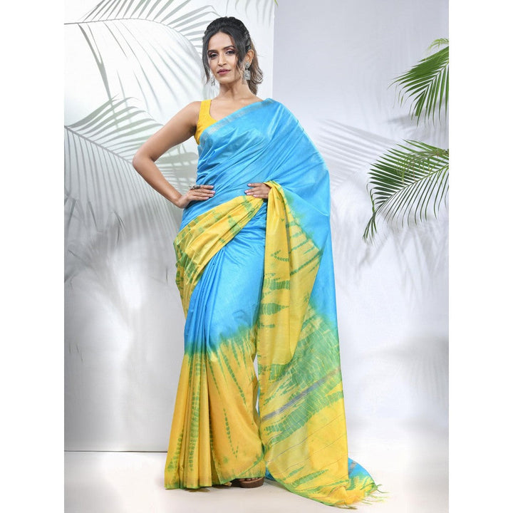 CHARUKRITI Yellow and Sky Blue Shibori Printed Silk Saree with Unstitched Blouse