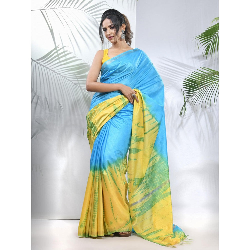 CHARUKRITI Yellow and Sky Blue Shibori Printed Silk Saree with Unstitched Blouse