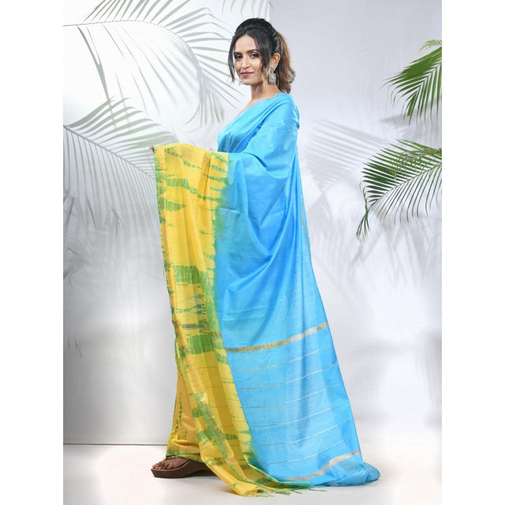 CHARUKRITI Yellow and Sky Blue Shibori Printed Silk Saree with Unstitched Blouse