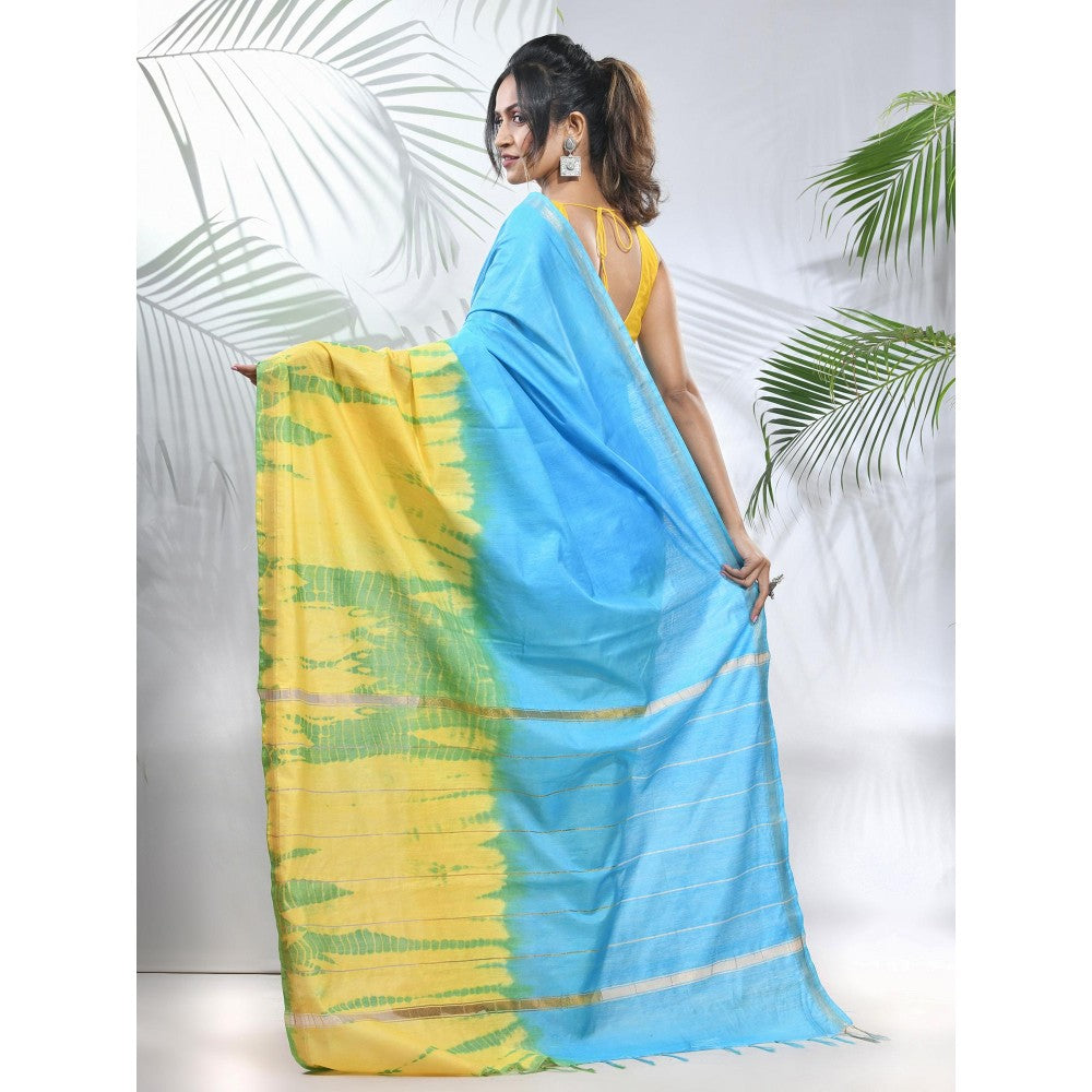 CHARUKRITI Yellow and Sky Blue Shibori Printed Silk Saree with Unstitched Blouse