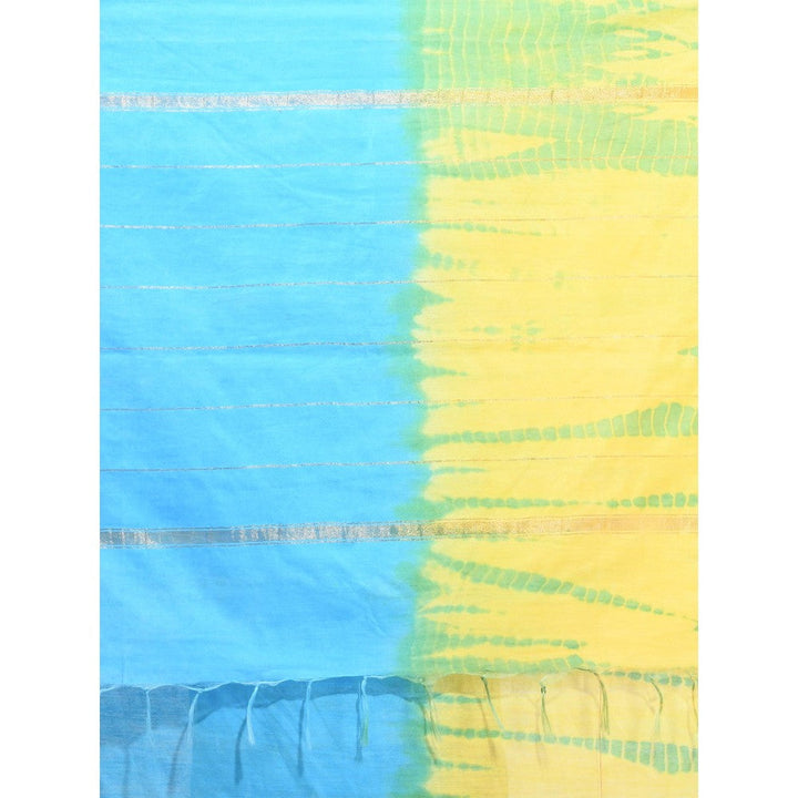 CHARUKRITI Yellow and Sky Blue Shibori Printed Silk Saree with Unstitched Blouse