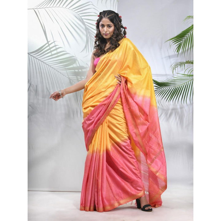 CHARUKRITI Yellow and Flamingo Pink Silk Saree with Zari Borders with Unstitched Blouse