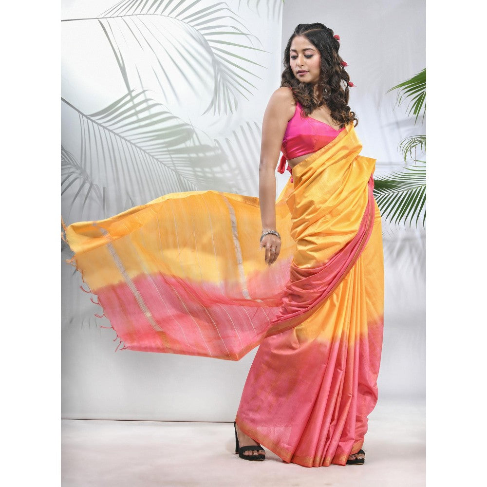 CHARUKRITI Yellow and Flamingo Pink Silk Saree with Zari Borders with Unstitched Blouse