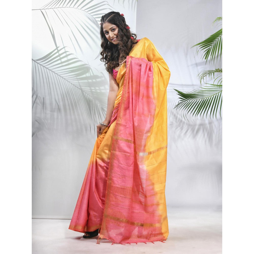 CHARUKRITI Yellow and Flamingo Pink Silk Saree with Zari Borders with Unstitched Blouse