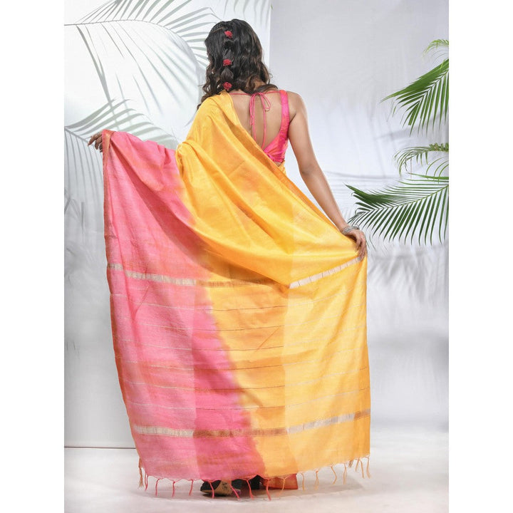 CHARUKRITI Yellow and Flamingo Pink Silk Saree with Zari Borders with Unstitched Blouse