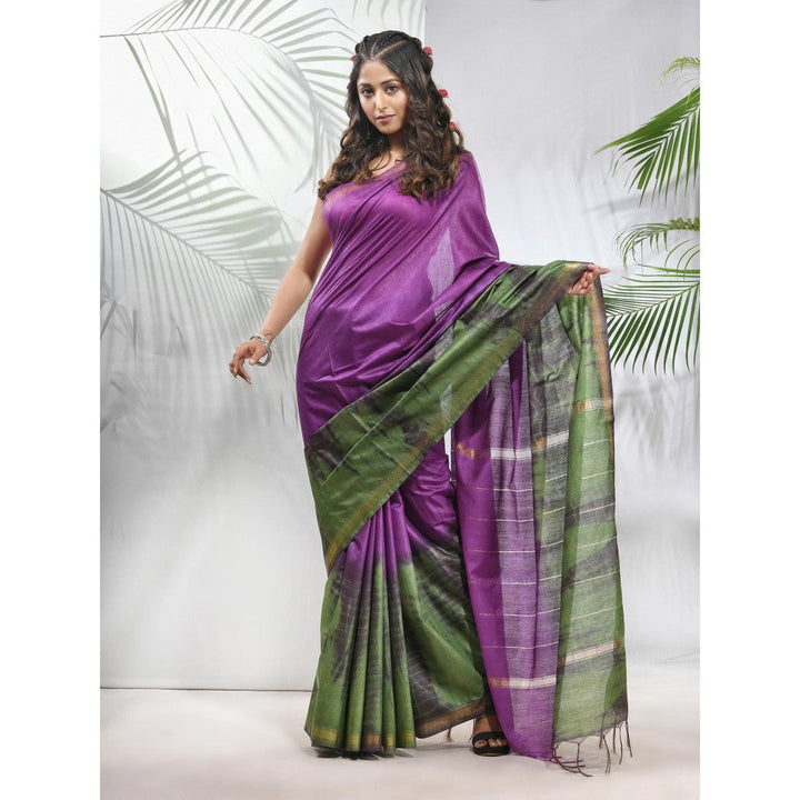 CHARUKRITI Violet and Sap Green Shibori Printed Silk Saree with Unstitched Blouse