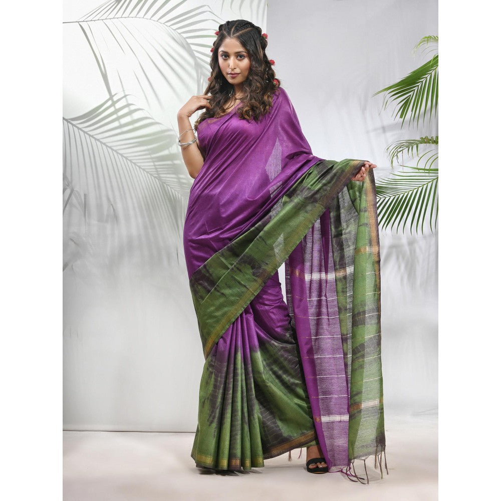 CHARUKRITI Violet and Sap Green Shibori Printed Silk Saree with Unstitched Blouse