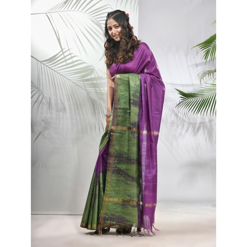 CHARUKRITI Violet and Sap Green Shibori Printed Silk Saree with Unstitched Blouse