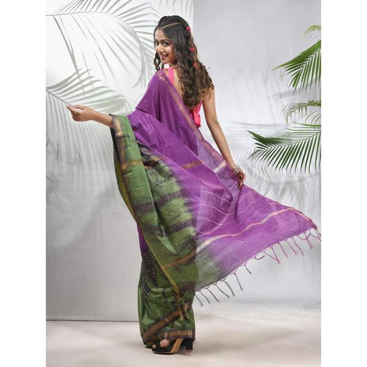 CHARUKRITI Violet and Sap Green Shibori Printed Silk Saree with Unstitched Blouse