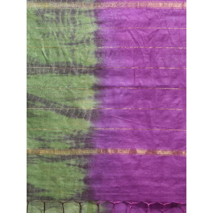 CHARUKRITI Violet and Sap Green Shibori Printed Silk Saree with Unstitched Blouse