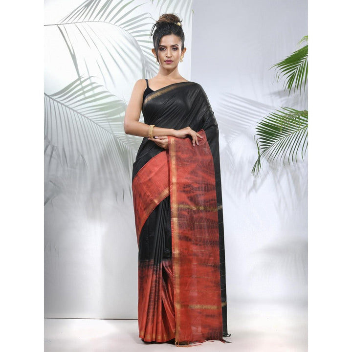 CHARUKRITI Black and Rust Shibori Printed Silk Saree with Unstitched Blouse