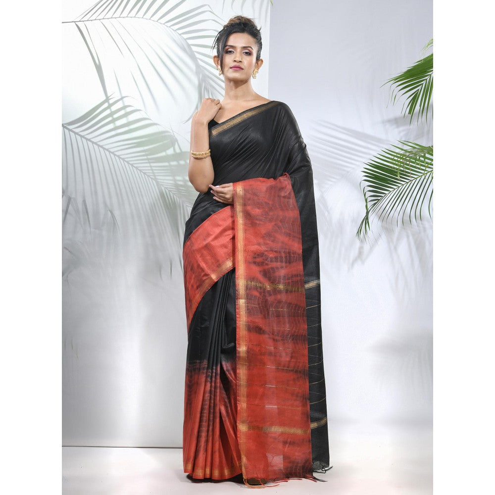 CHARUKRITI Black and Rust Shibori Printed Silk Saree with Unstitched Blouse