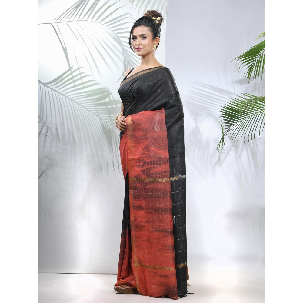 CHARUKRITI Black and Rust Shibori Printed Silk Saree with Unstitched Blouse