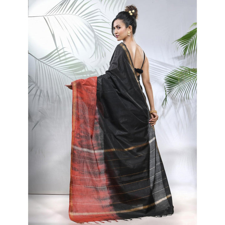 CHARUKRITI Black and Rust Shibori Printed Silk Saree with Unstitched Blouse