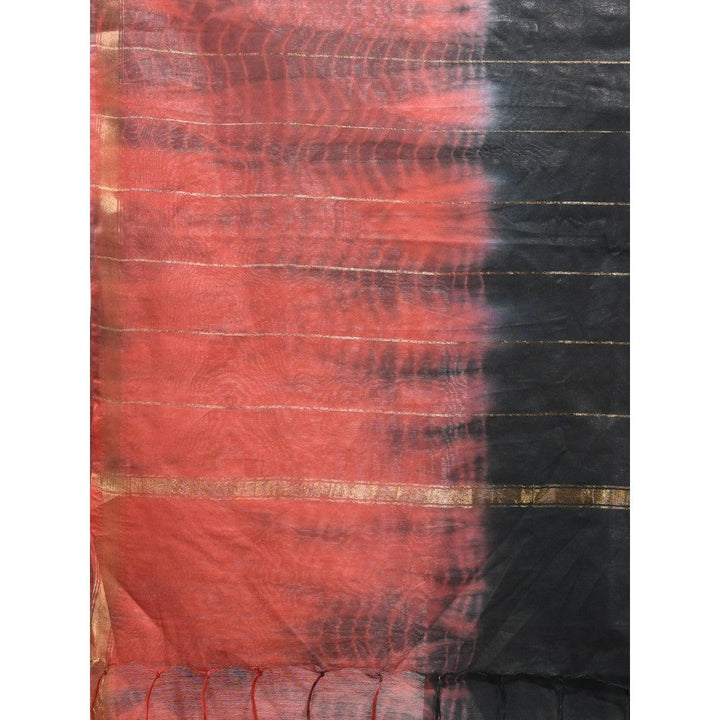 CHARUKRITI Black and Rust Shibori Printed Silk Saree with Unstitched Blouse