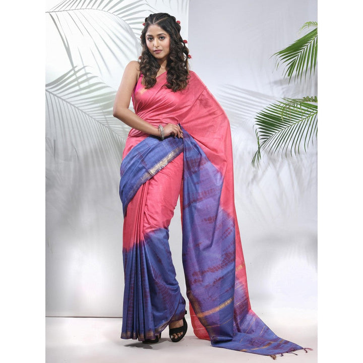 CHARUKRITI Salmon Pink and Aegean Blue Shibori Printed Silk Saree with Unstitched Blouse