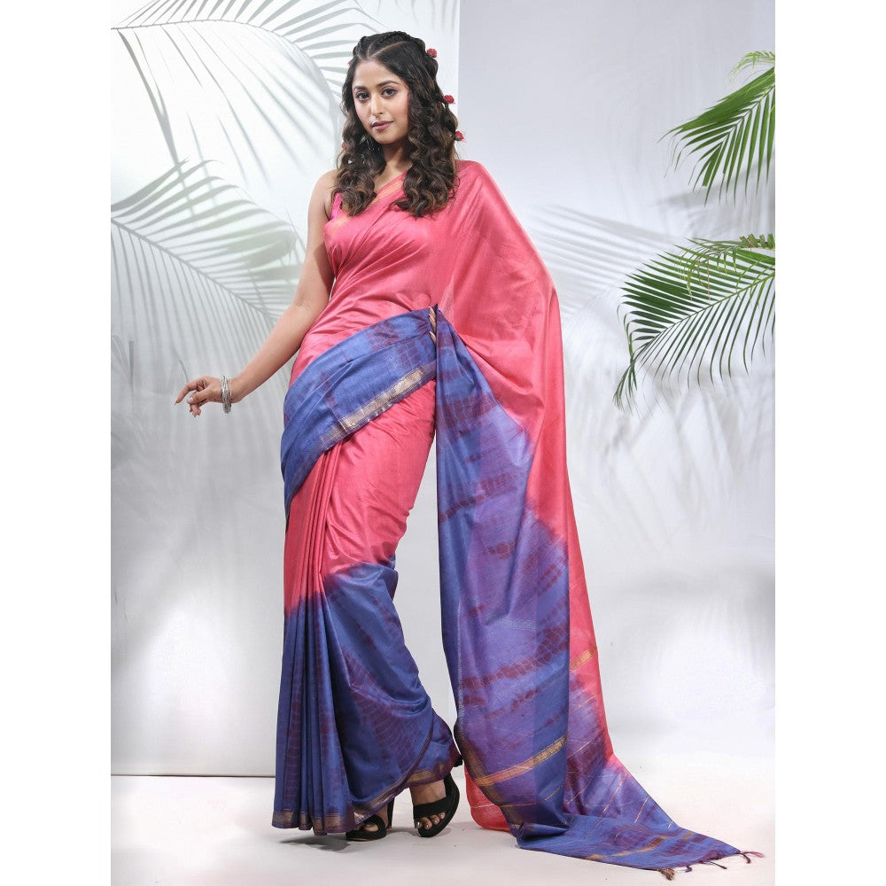 CHARUKRITI Salmon Pink and Aegean Blue Shibori Printed Silk Saree with Unstitched Blouse