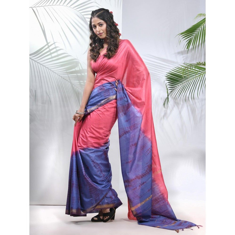 CHARUKRITI Salmon Pink and Aegean Blue Shibori Printed Silk Saree with Unstitched Blouse