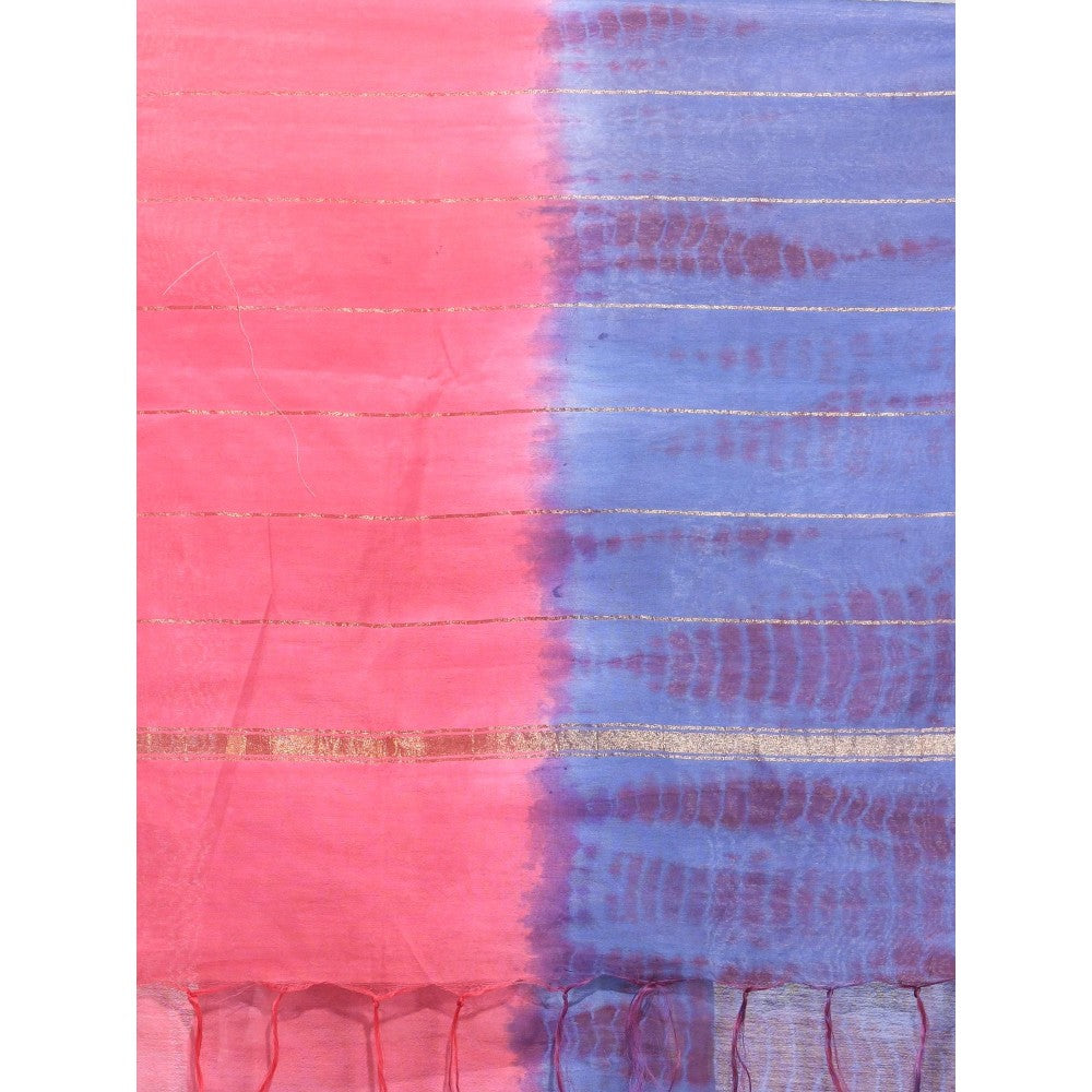 CHARUKRITI Salmon Pink and Aegean Blue Shibori Printed Silk Saree with Unstitched Blouse