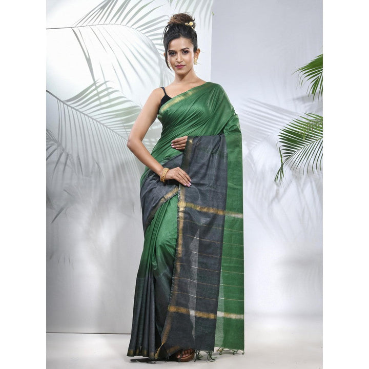 CHARUKRITI Green and Grey Shibori Printed Silk Saree with Unstitched Blouse