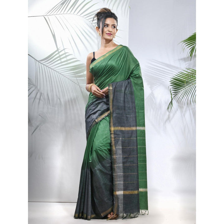 CHARUKRITI Green and Grey Shibori Printed Silk Saree with Unstitched Blouse