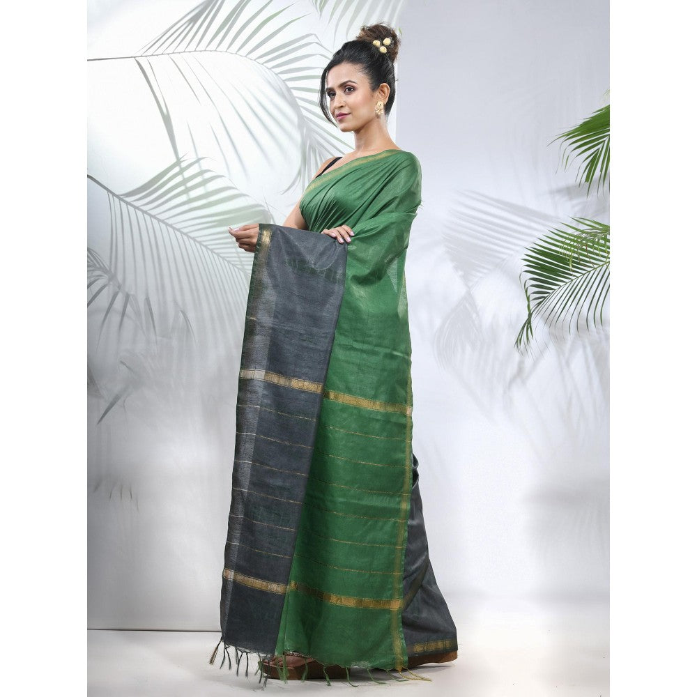 CHARUKRITI Green and Grey Shibori Printed Silk Saree with Unstitched Blouse