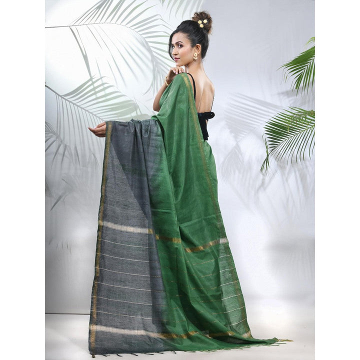 CHARUKRITI Green and Grey Shibori Printed Silk Saree with Unstitched Blouse