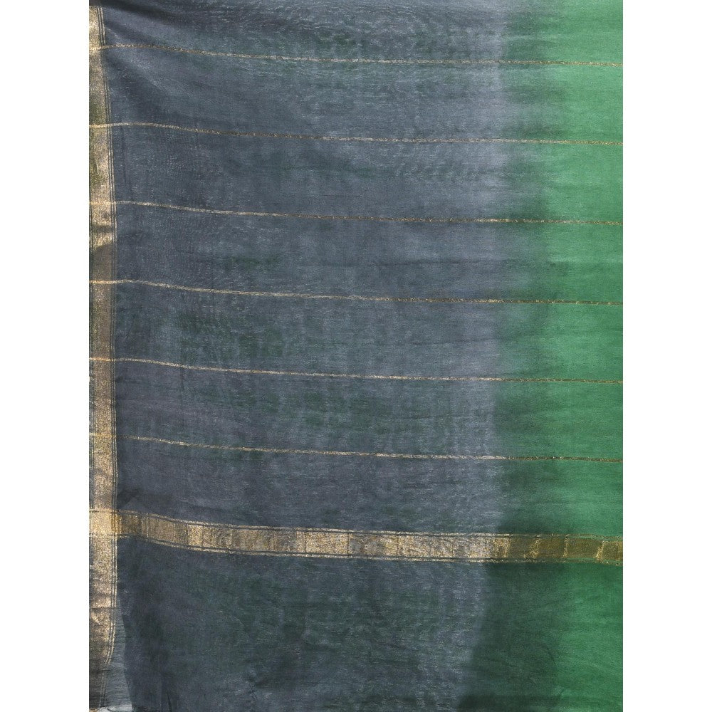 CHARUKRITI Green and Grey Shibori Printed Silk Saree with Unstitched Blouse