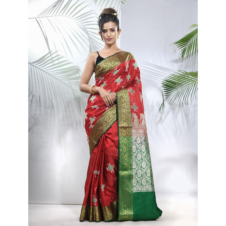 CHARUKRITI Red Embroidered Motifs Silk Saree with Zari Borders with Unstitched Blouse