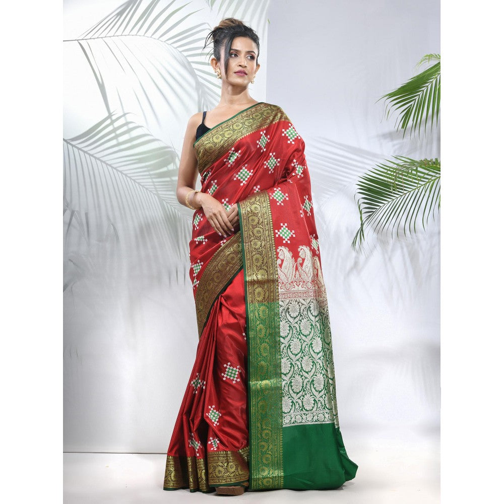 CHARUKRITI Red Embroidered Motifs Silk Saree with Zari Borders with Unstitched Blouse