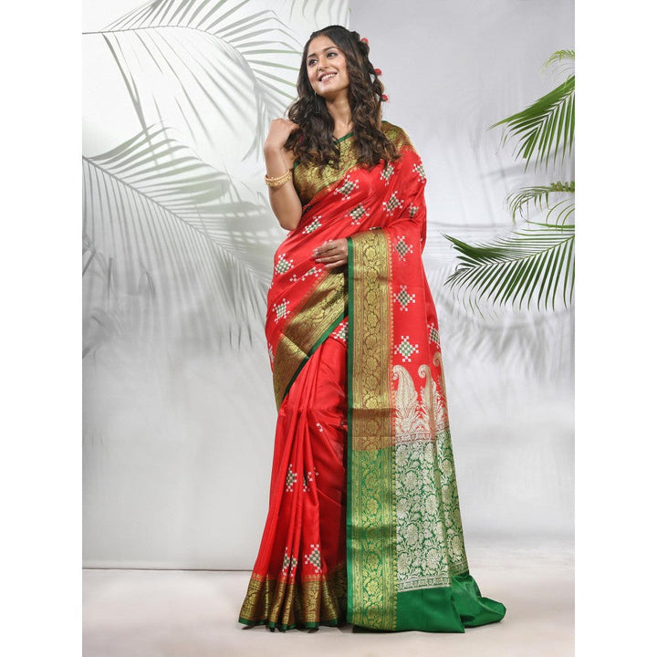 CHARUKRITI Rust Embroidered Motifs Silk Saree with Zari Borders with Unstitched Blouse