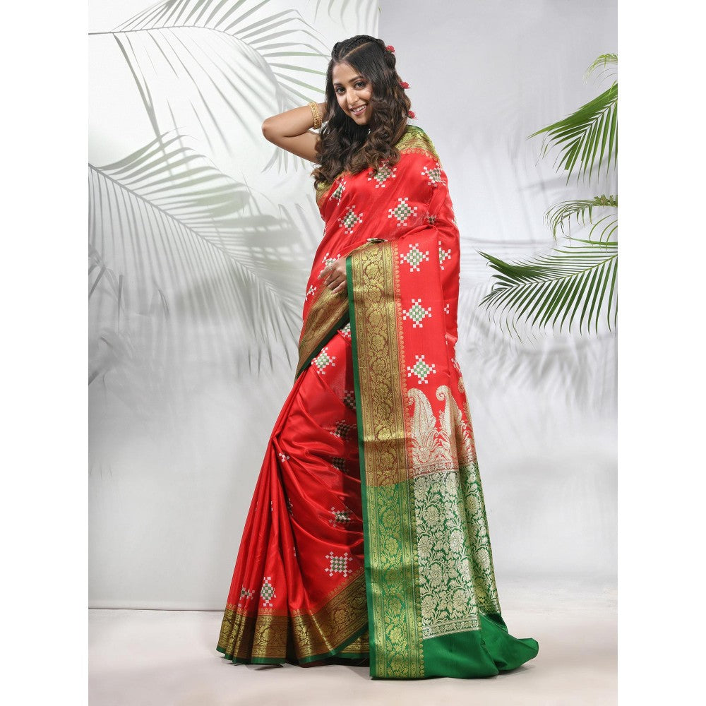 CHARUKRITI Rust Embroidered Motifs Silk Saree with Zari Borders with Unstitched Blouse