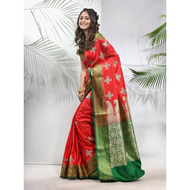 CHARUKRITI Rust Embroidered Motifs Silk Saree with Zari Borders with Unstitched Blouse