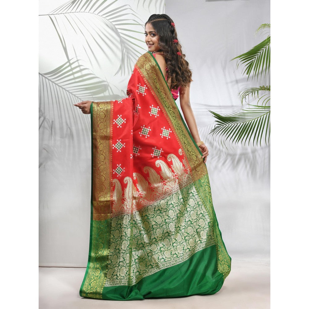 CHARUKRITI Rust Embroidered Motifs Silk Saree with Zari Borders with Unstitched Blouse