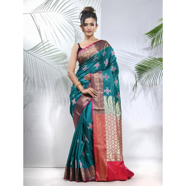 CHARUKRITI Teal Embroidered Motifs Silk Saree with Zari Borders with Unstitched Blouse