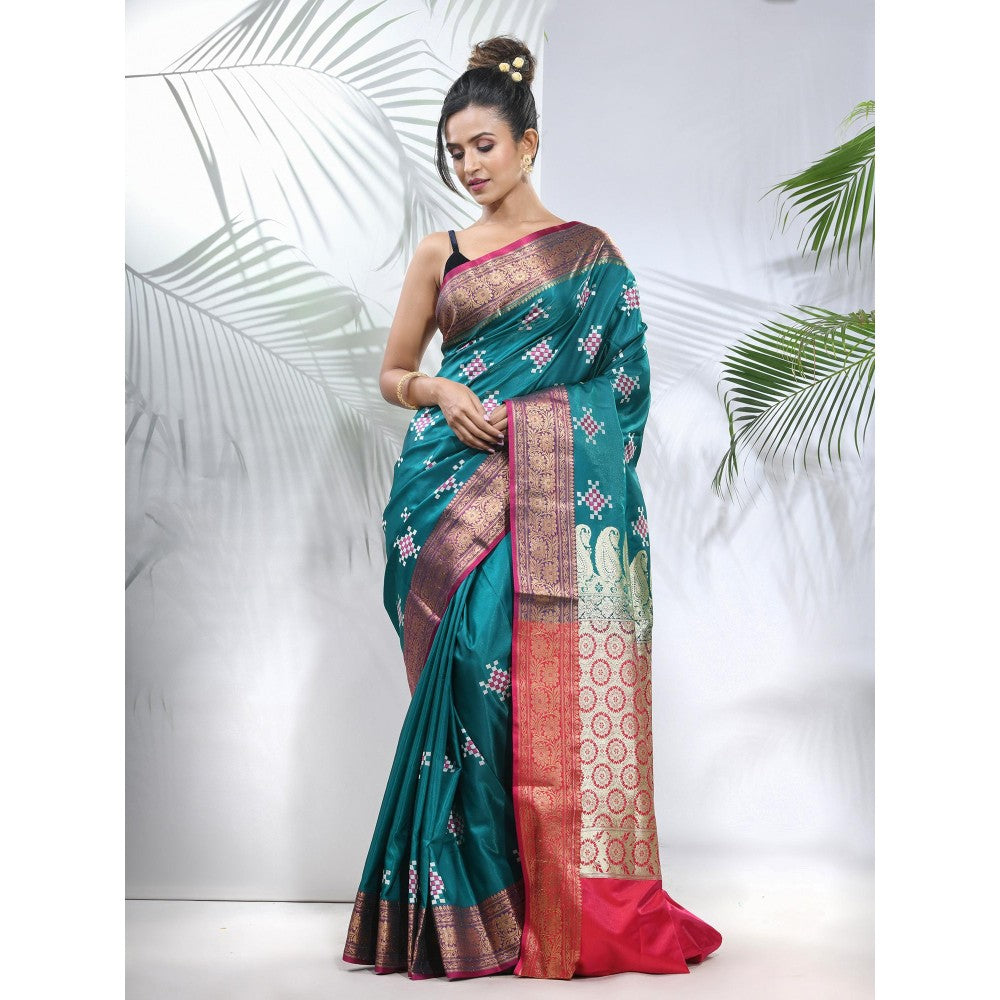 CHARUKRITI Teal Embroidered Motifs Silk Saree with Zari Borders with Unstitched Blouse