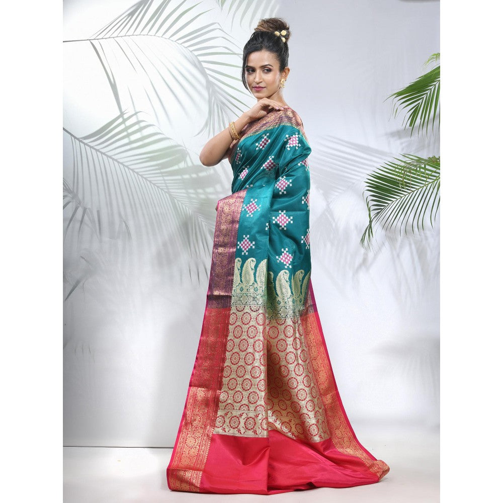 CHARUKRITI Teal Embroidered Motifs Silk Saree with Zari Borders with Unstitched Blouse