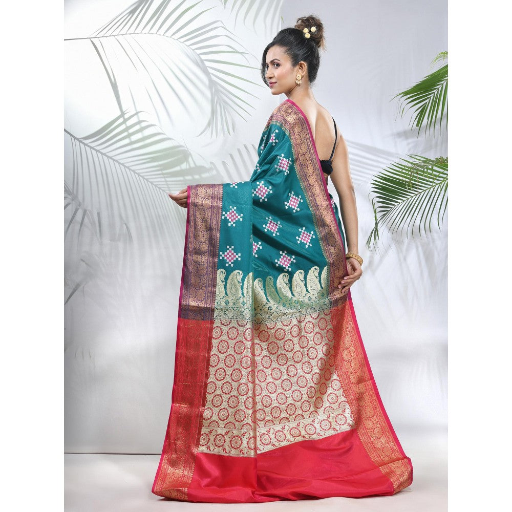 CHARUKRITI Teal Embroidered Motifs Silk Saree with Zari Borders with Unstitched Blouse